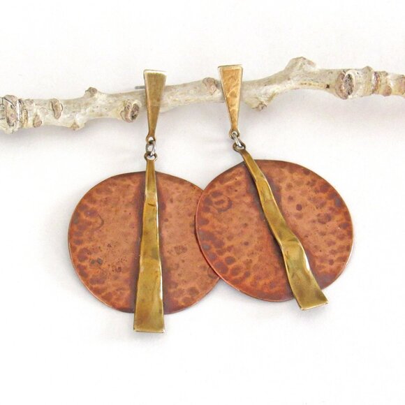 Vintage Hammered Copper and Brass Mixed Metal Pierced Post Earrings - Picture 2 of 6